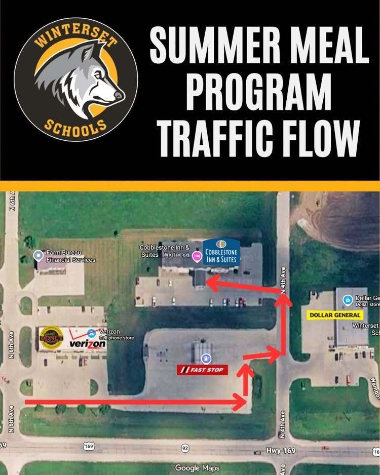 Map with red arrow directing traffic through Fast Stop parking lot into Cobblestone parking lot