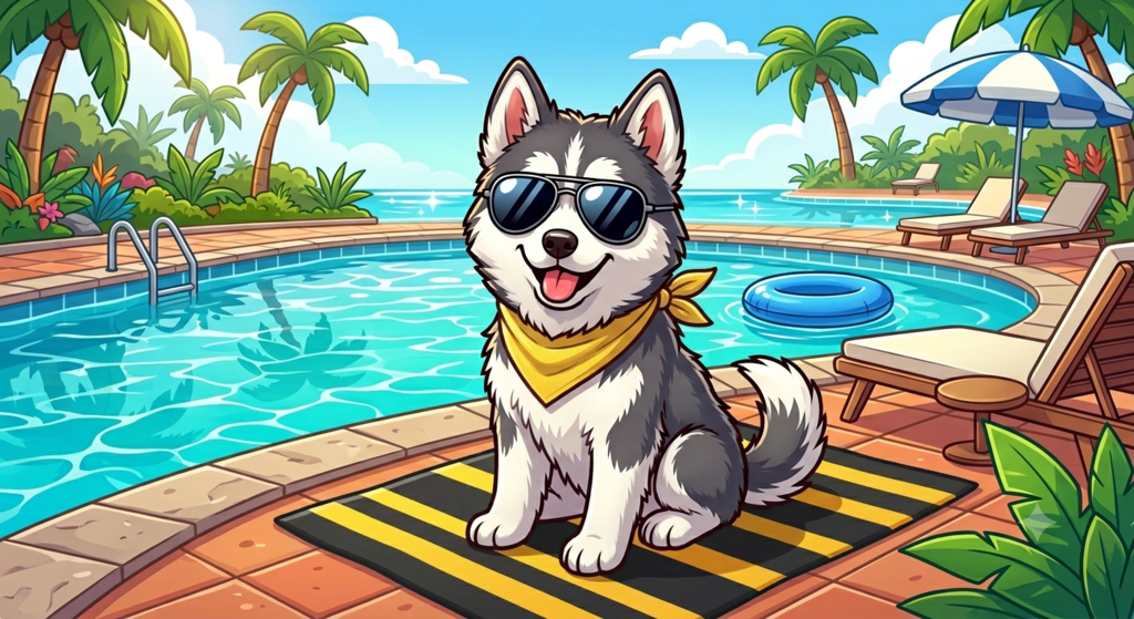 Cartoon husky sitting by pool wearing sunglasses