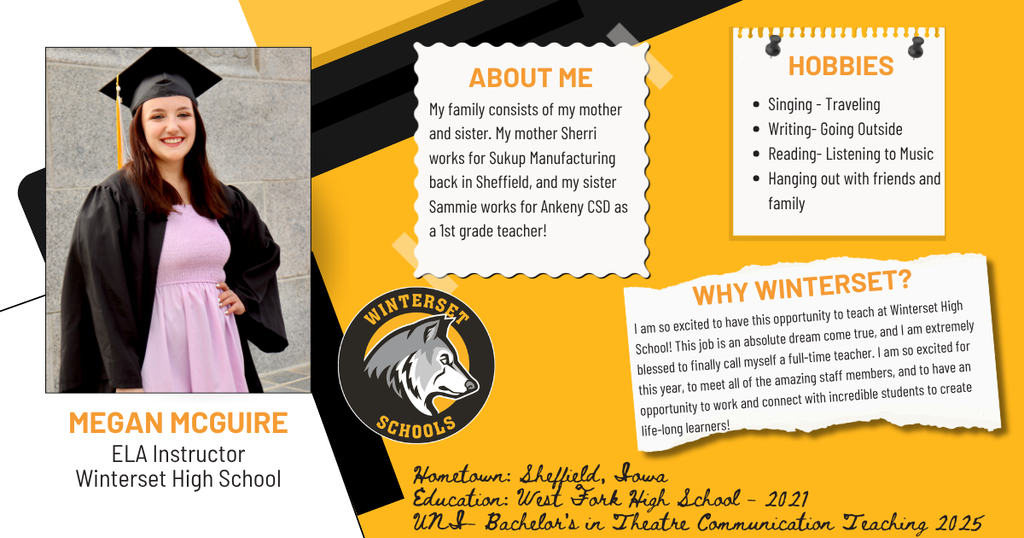 A woman in a graduation gown beside text. Sections include "About Me," "Hobbies," and "Why Winterset?" with related content.