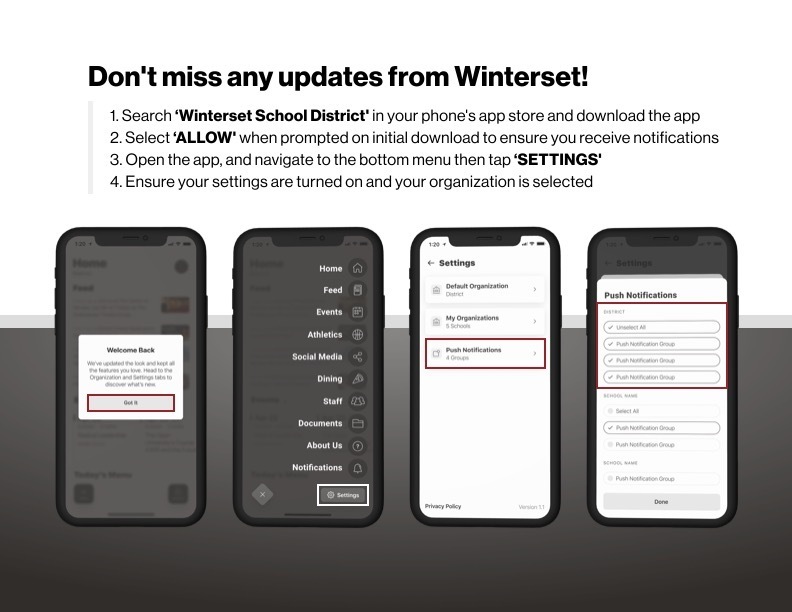Four smartphones display a Winterset School District app with instructions for enabling notifications, displayed in a horizontal row.