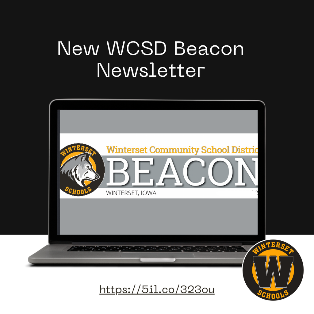 A laptop displays a newsletter. Logo features a wolf, text reads "Beacon Winterset Community School District Winterset, Iowa."