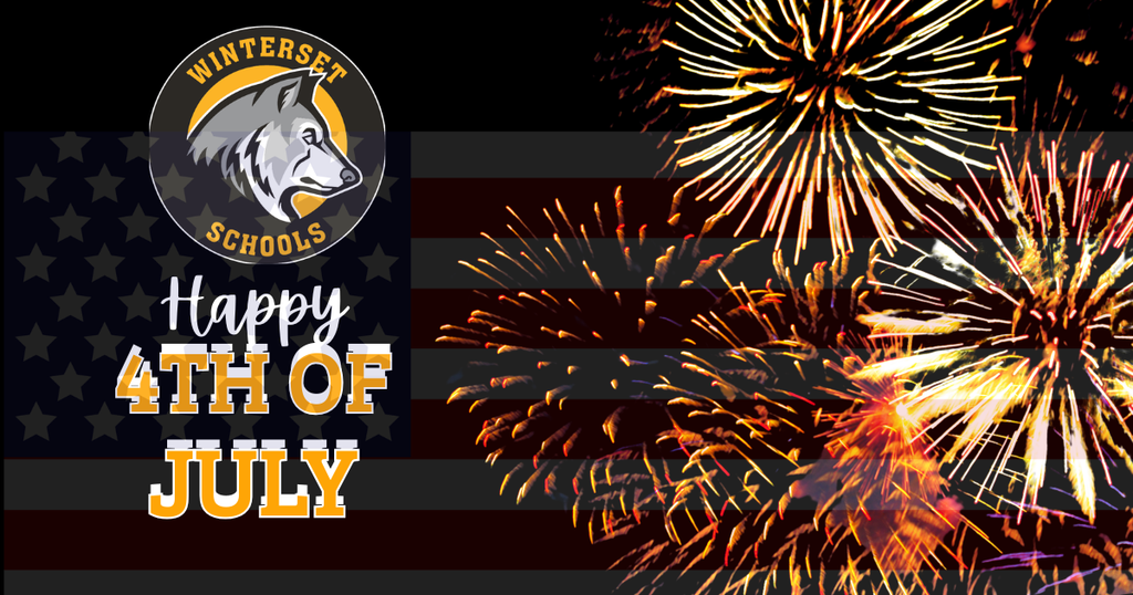 Fireworks explode in red and yellow over a black background. An American flag is partially visible. A husky logo says "Winterset Schools".