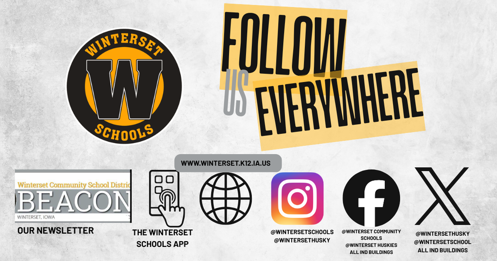 White background with logos and icons. Logos include Winterset Schools, Beacon, and others. Icons include a globe, app, Instagram, Facebook, and X.