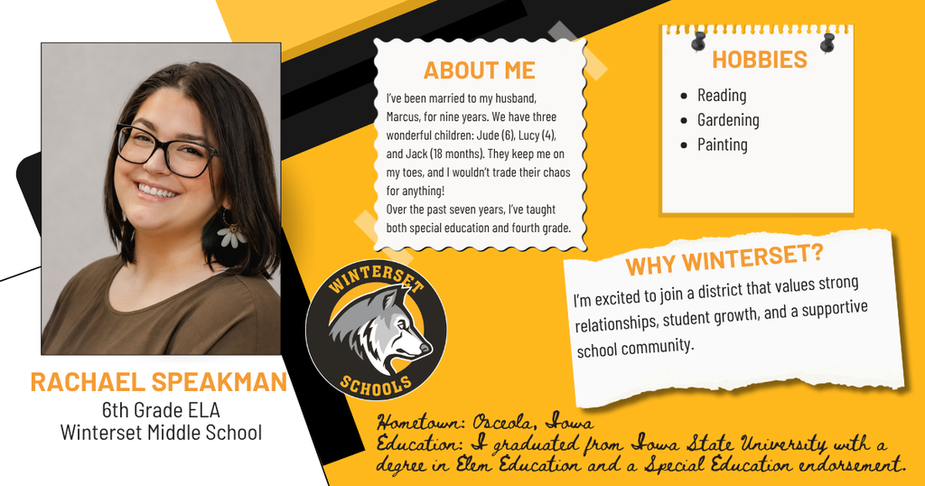 A smiling woman wearing glasses and earrings. Text highlights her role as an ELA teacher, hobbies, and reasons to join the district.