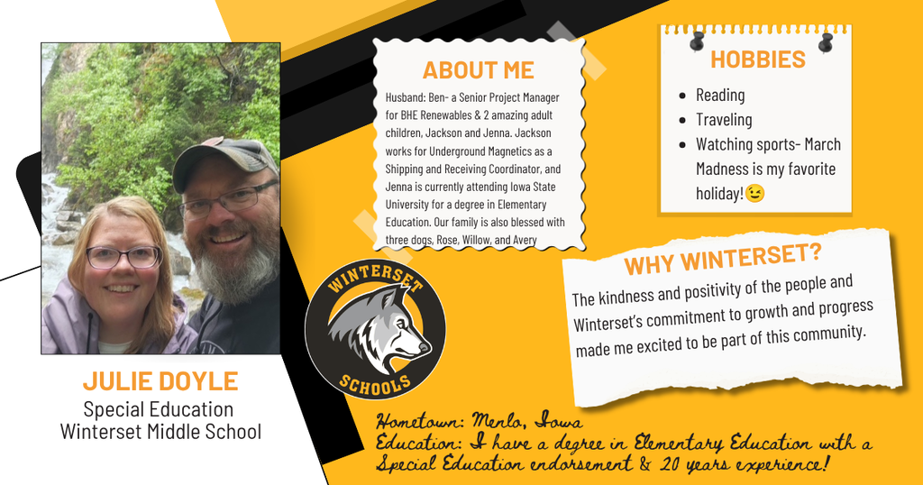 Two individuals, a woman and a man, smile. Text reads Julie Doyle, Special Education, Winterset Middle School. Logos, hobbies, and a quote.