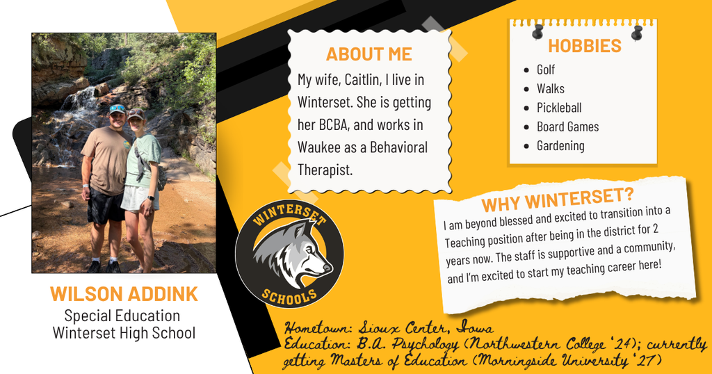 A yellow and black page features a picture of a couple walking in nature, a school logo, and text.