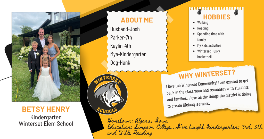 A yellow and black page displays a family photo of three people, with text blocks about hobbies and "About Me."