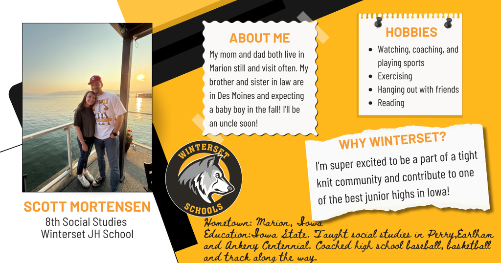 A poster with a photo of two people on a balcony, a description of hobbies, and a person named Scott Mortenson.