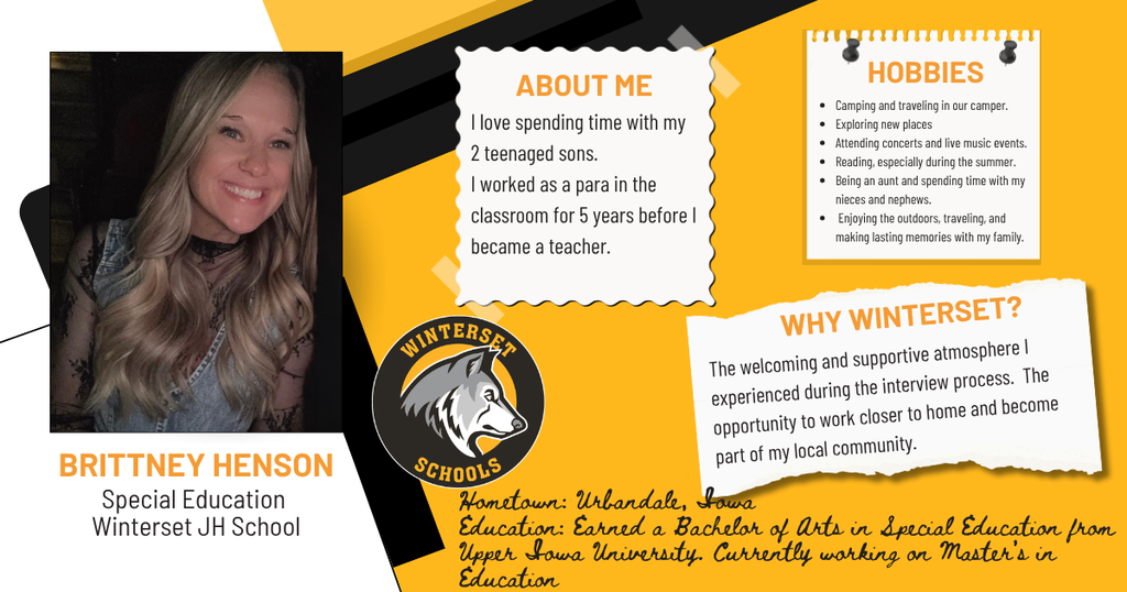 Yellow and black background with text. Photo of a woman smiling. Text reads "About Me" and "Why Winterset?".