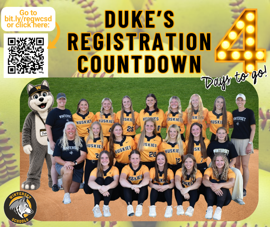 A team photo shows a group of athletes in yellow uniforms and a mascot. Above, a countdown reads "Duke's Registration Countdown 4 Days to go."