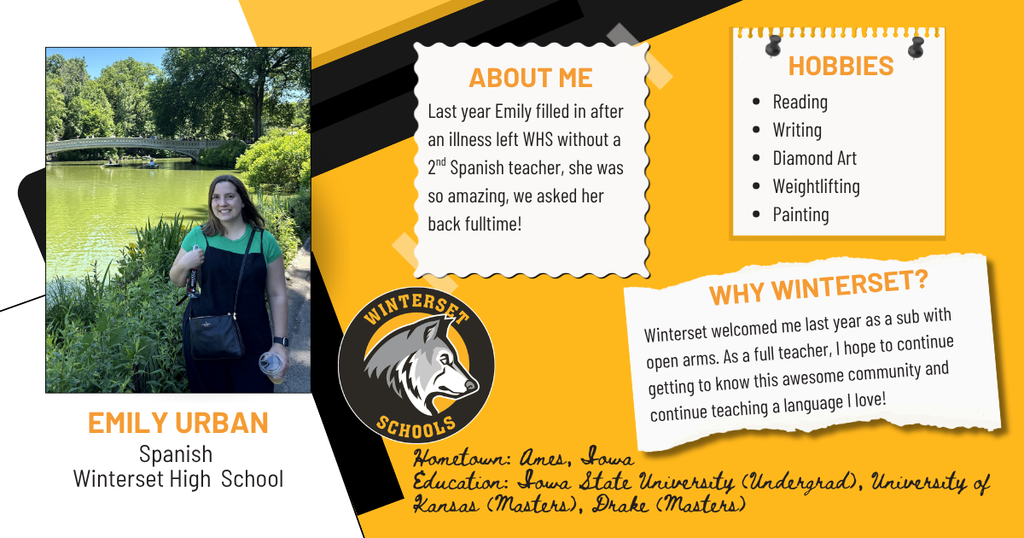 Display featuring a photo of a woman in nature, text reading Emily Urban, Spanish teacher at Winterset High School.