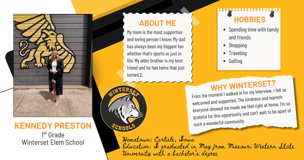 A person stands before a wall with a lion image. Text includes "Kennedy Preston, 1st Grade, Winterset Elm School" and sections on hobbies and why Winterset.