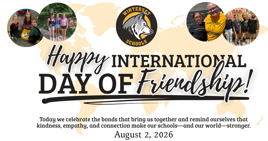 A banner celebrating International Day of Friendship. It features a world map, a school logo, and photos of people.