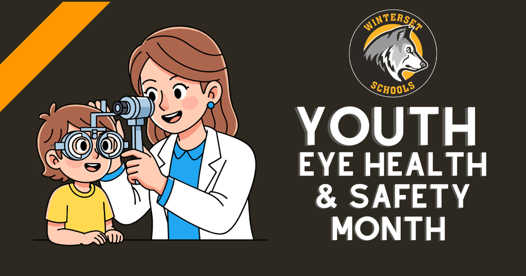 A cartoon of a woman in a lab coat examining a child's eyes with an ophthalmoscope.