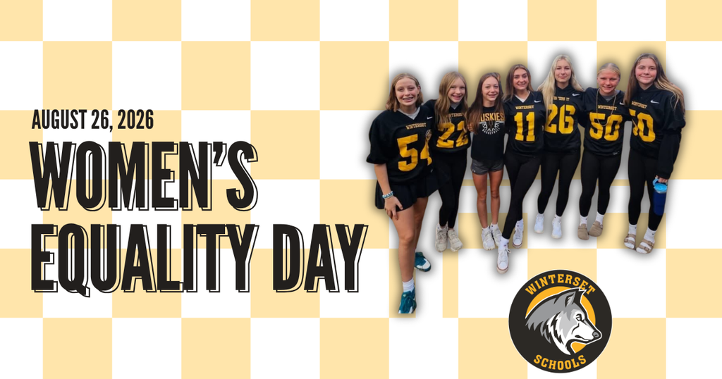 A group of women in sports uniforms on a yellow-and-white checkered background. The text reads "August 26, 2026 Women's Equality Day."