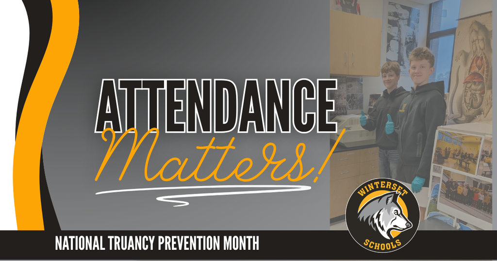 A poster features "Attendance Matters!" text. Two individuals in coats and gloves stand in a room.