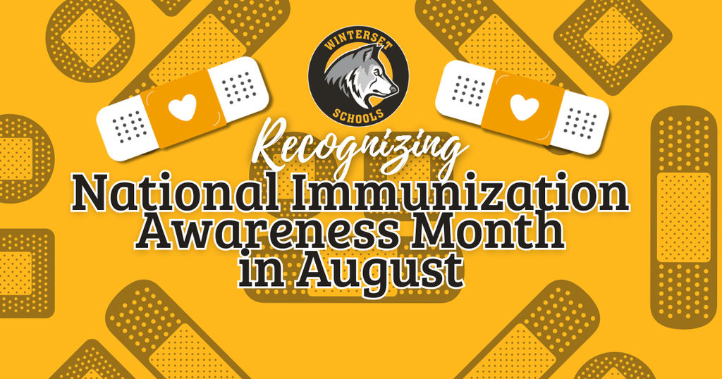 A yellow background with multiple white bandages and two white and orange bandages featuring a heart. Text reads "Recognizing National Immunization Awareness Month in August".