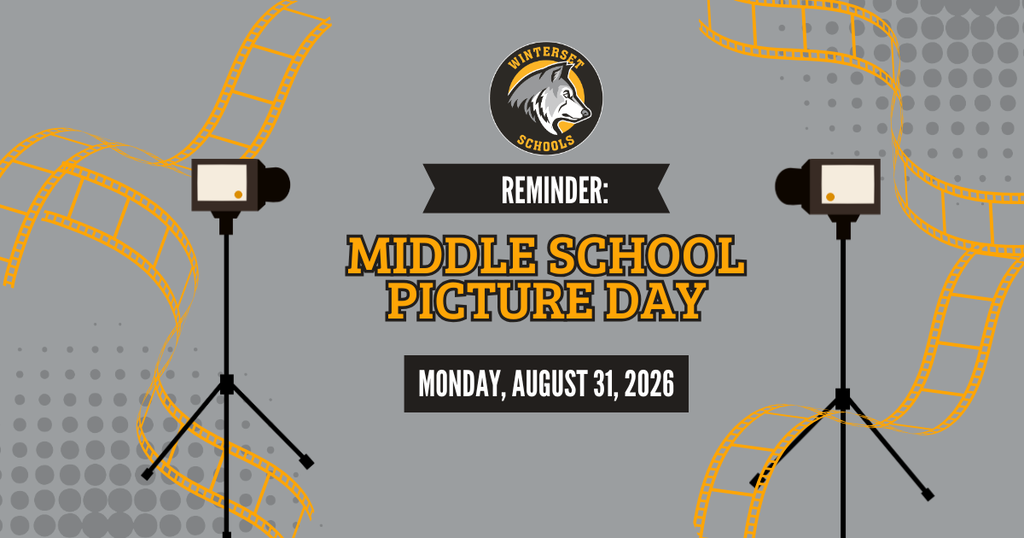 Reminder banner for Middle School Picture Day on August 31, 2026. Features tripods with cameras and a film strip background.