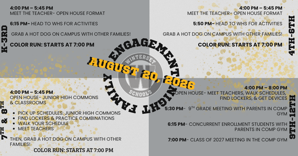 An event flyer displays a schedule for August 20, 2026. Text includes times and activities such as "Meet the Teacher" and "Grab a Hot Dog."