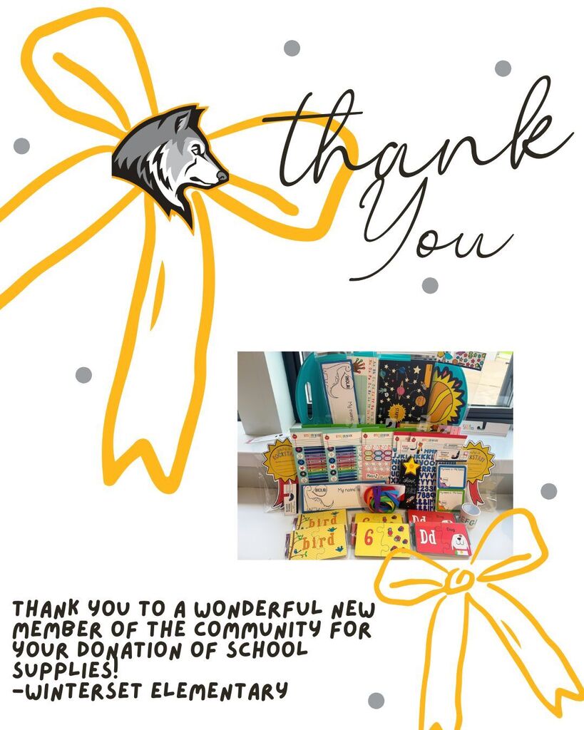 An illustration shows a bow and ribbon with a husky head, and a thank you message. Below, a box of school supplies is displayed.