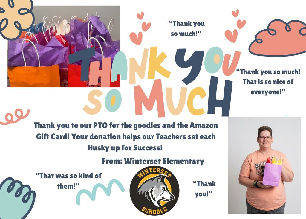 A collage includes a thank you message, a person holding a gift bag, and a school logo.