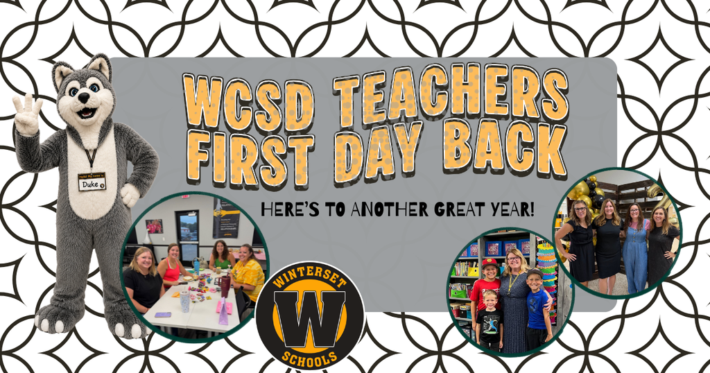 Huskies mascot, a gray husky, stands beside a gray banner that reads "WCSD Teachers First Day Back". Photos of teachers are in circles.