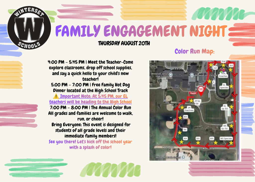 Poster with date and activities for "Family Engagement Night". A map of the school area shows routes for a color run.