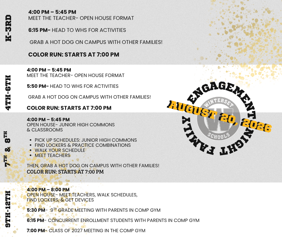 A white and yellow printed document with a header reading "August 20, 2020". Sections include meeting times, activities, and engagement opportunities.
