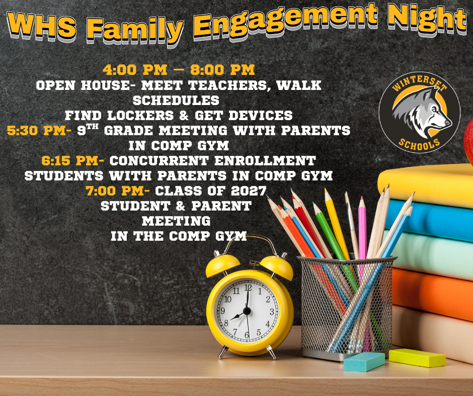 A chalkboard lists Winterset Family Engagement Night events. Clocks, books, pencils, and a pencil sharpener are on a table.