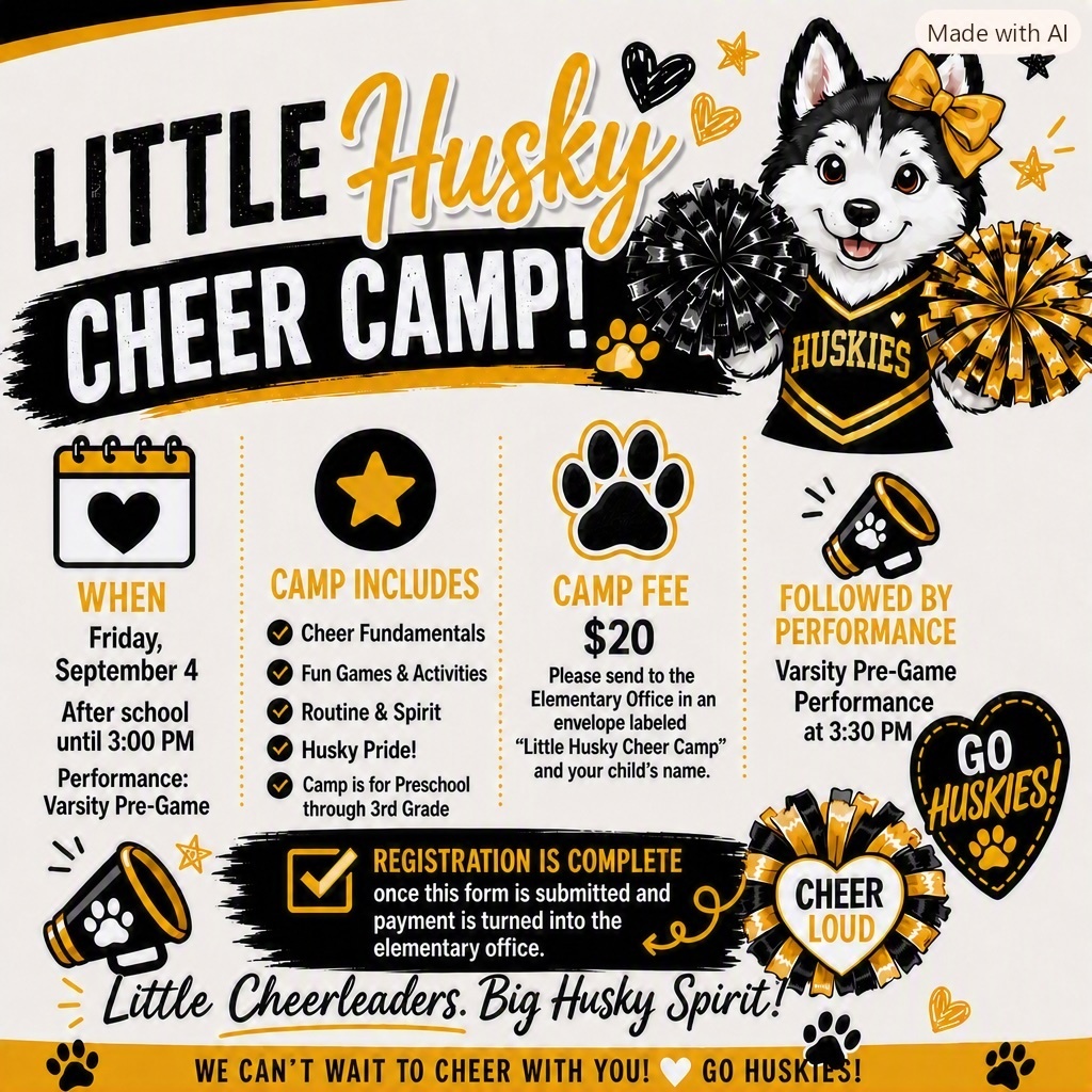 Poster for "Little Husky Cheer Camp" with a dog, paw print, and pom-poms. Includes camp details.