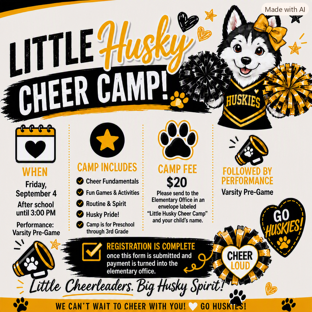 Poster for Little Husky Cheer Camp. It includes a dog, paw prints, pom poms, and a ribbon.