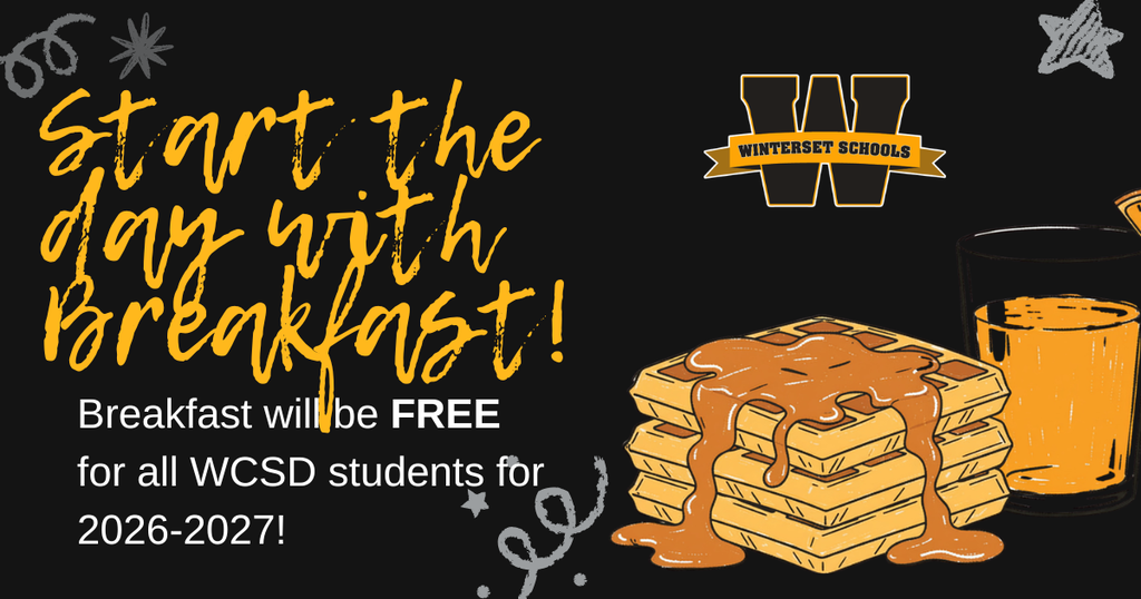 Black poster with white text starting the day with breakfast and stars. Image of a stack of waffles and a cup.