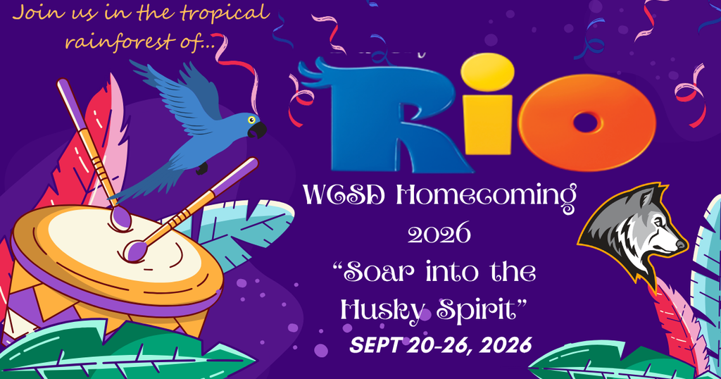 Event poster with "Rio WG&D Homecoming 2026" in bold text. Includes a tropical scene with a parrot, drums, feathers, and a zebra.