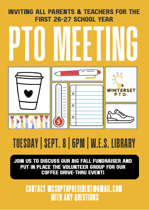 Yellow poster with white text for PTO Meeting. Icons include a coffee cup, thermometer, pencil, light bulb, notebook, shoe, and dollar sign. Date, time, and location at the bottom. Contact email at the bottom.