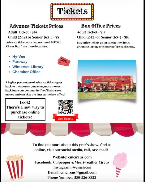 An event flyer displays ticket prices, locations, and QR code for online purchases. A circus trailer and people in the background.