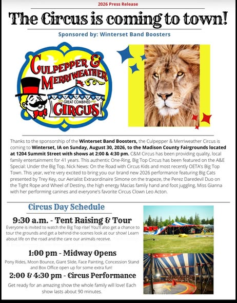 Advertisement for a circus featuring a lion, tent raising at 9:30 AM, and midway opening at 1:00 PM.