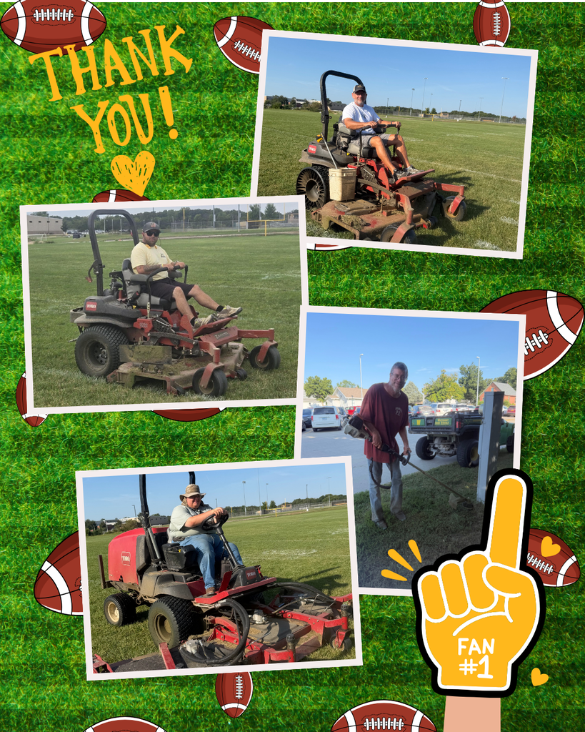Multiple photos of people operating lawn mowers on a field. A hand with a thumb up is shown.