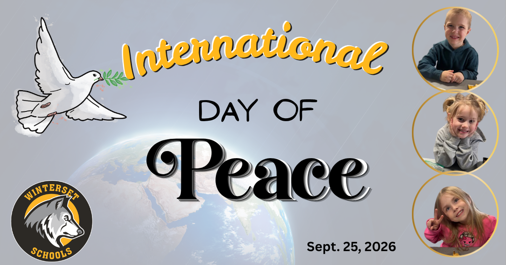 A poster features a dove, Earth, and three smiling children. It reads "International Day of Peace, Sept. 25, 2026."
