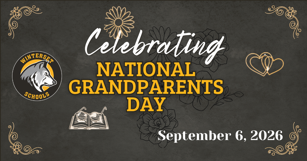 A chalkboard background displays a design with a wolf logo, flowers, hearts, and an open book. Text reads "Celebrating NATIONAL GRANDPARENTS DAY September 6, 2026".