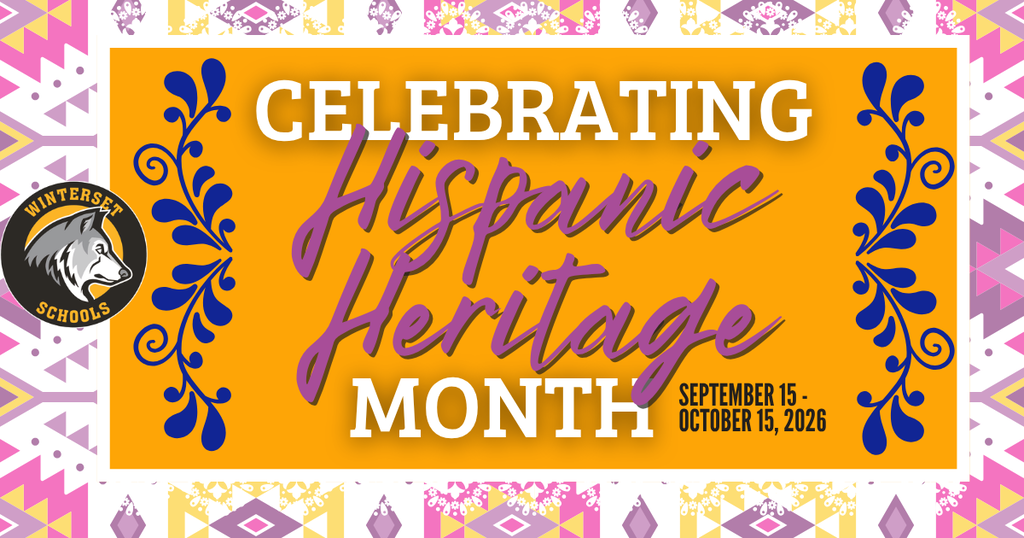 Banner with orange background featuring blue and purple text. It says, "Celebrating Hispanic Heritage Month, September 15 - October 15, 2029."