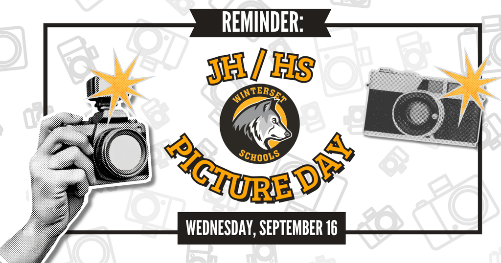 A graphic features a hand holding a camera, a logo with a wolf, and a reminder for picture day.