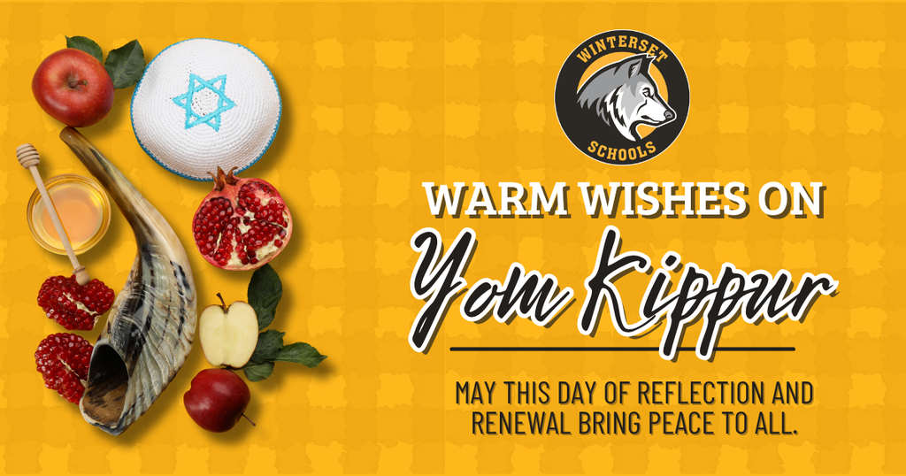 A yellow poster with a text that reads "Warm wishes on Yom Kippur". Various objects, including apples, pomegranates, and a shofar, are scattered.