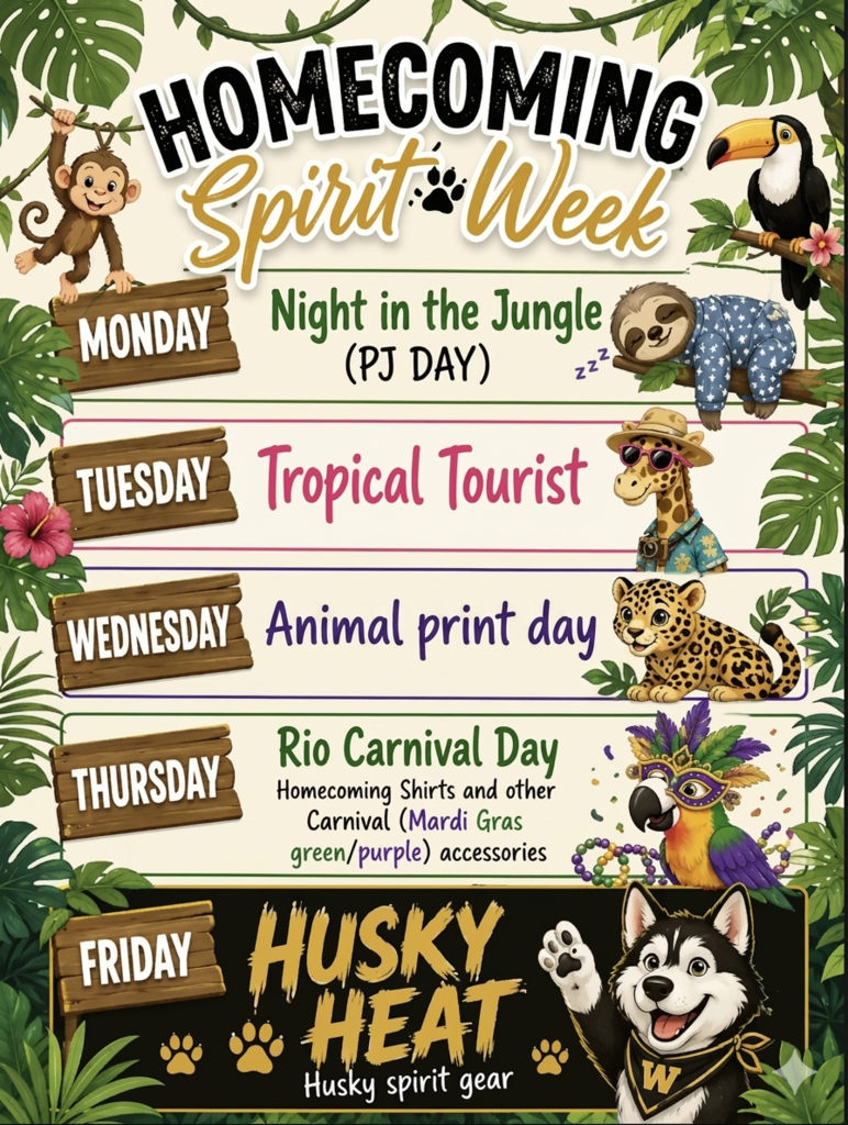 A colorful poster advertises Homecoming Spirit Week with themes like Night in the Jungle and Rio Carnival Day, featuring animals and tropical elements.