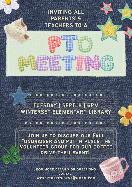 An event poster invites parents and teachers to a PTO meeting. Text highlights the date, time, and location, with colorful stars, flowers, and a mug.