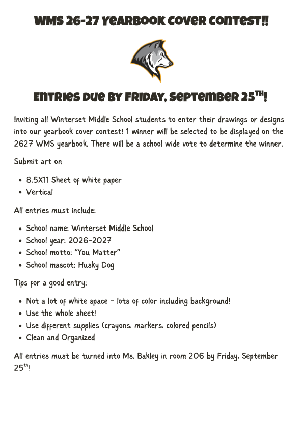 Document for Winterset Middle School yearbook cover contest. Contest rules, entry requirements, and submission details are listed. Entries due by September 25.