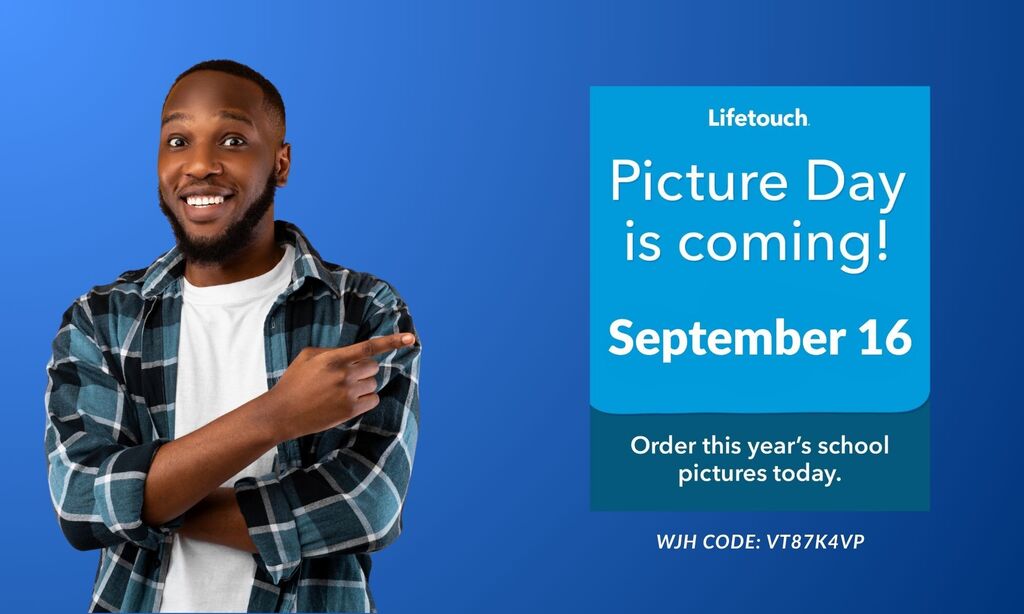 A man wearing a plaid shirt smiles and gestures with his right hand on a blue background. Text reads: Picture Day is coming! September 16.