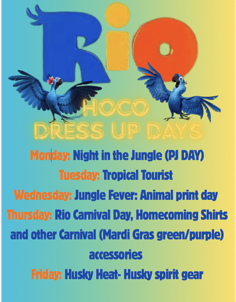 Brightly colored poster with blue birds and text about Rio Dress Up Days. Schedules include themes for Monday to Friday.