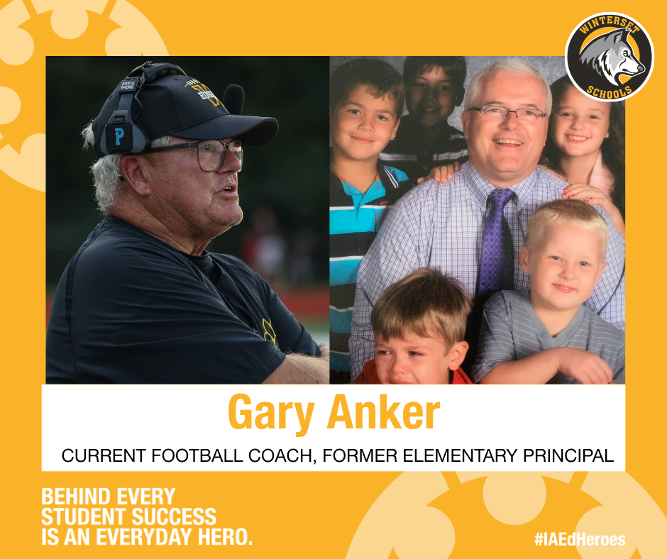 A yellow background features a collage of a coach and a family. The coach wears a black cap and glasses. The family includes a man and three children.