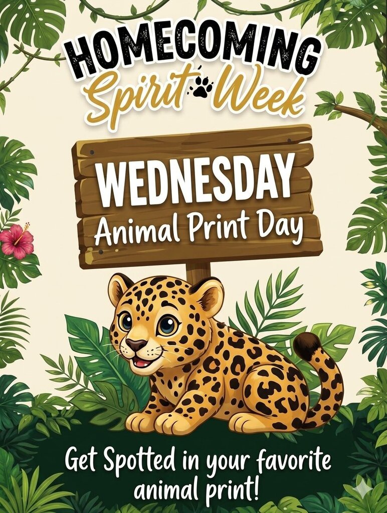 A poster featuring a leopard with a jungle background. It reads "Homecoming Spirit Week WEDNESDAY Animal Print Day".