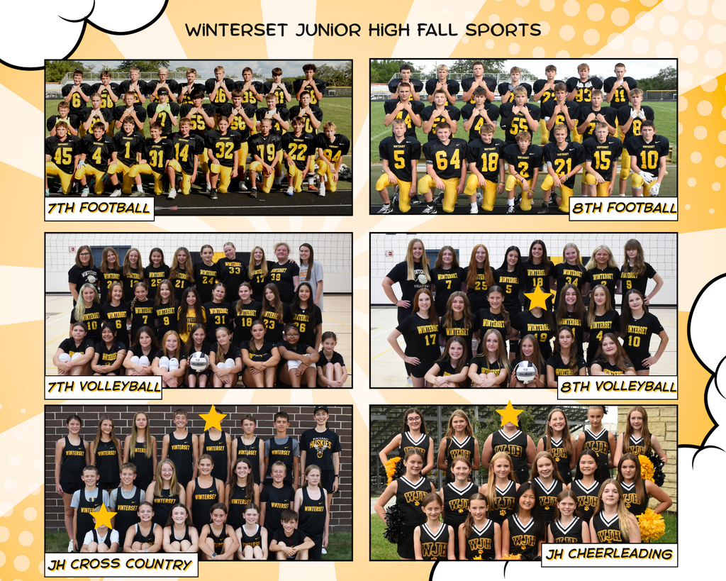 A collage of Winterset Junior High fall sports teams. The football teams wear black and yellow uniforms. Volleyball teams wear black uniforms. Cross-country and cheerleading teams are also shown.
